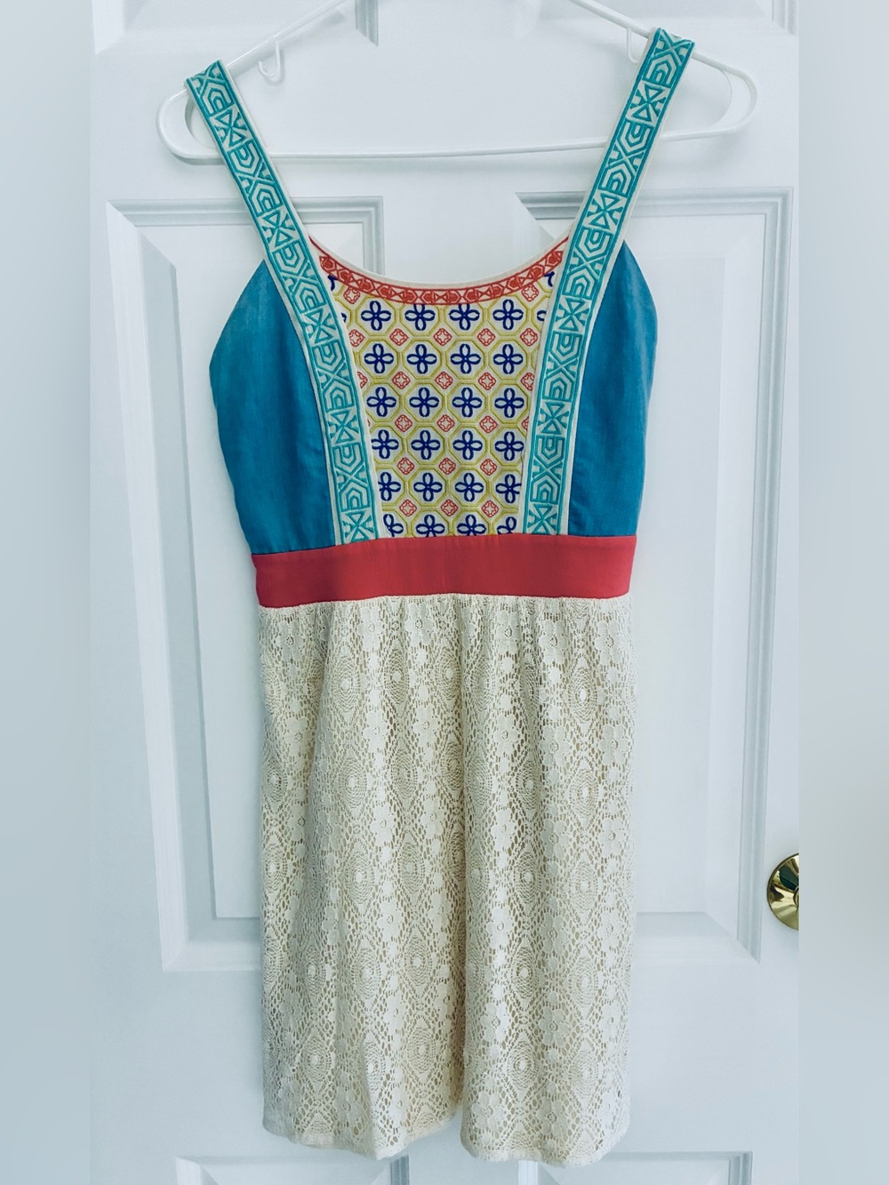 Flying Tomato Boho Blue and Cream Lace Sundress with Embroidery